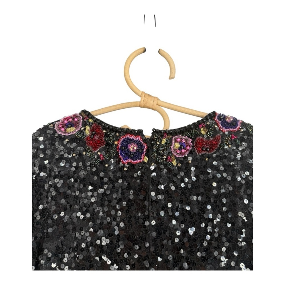 Victoria Royal Ltd Beaded Sequin Silk Gown Black Floral Maxi Dress 6/8 Vintage - Picture 13 of 16